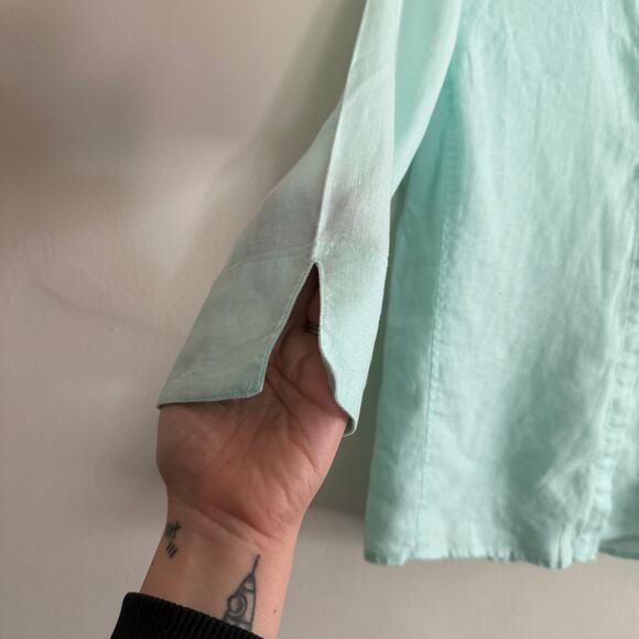 DAVID N | 100% Linen Sea Foam Green Button down 3/4 Sleeve Shirt | Medium - Picture 5 of 8